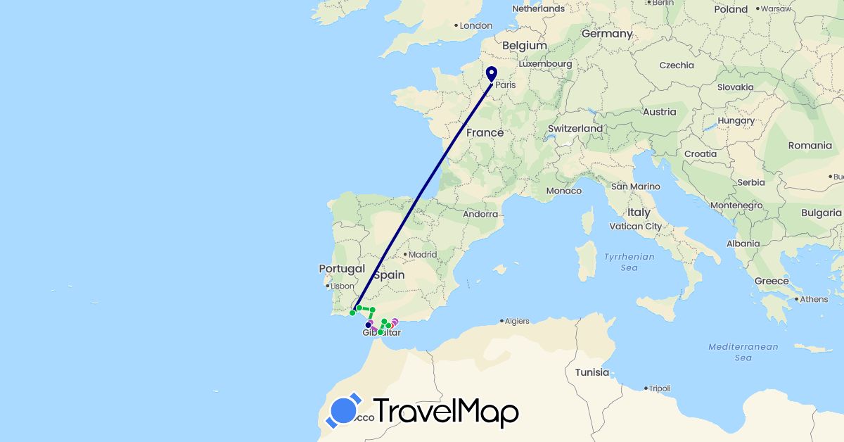TravelMap itinerary: driving, bus, train, hiking in Spain, France, Gibraltar (Europe)